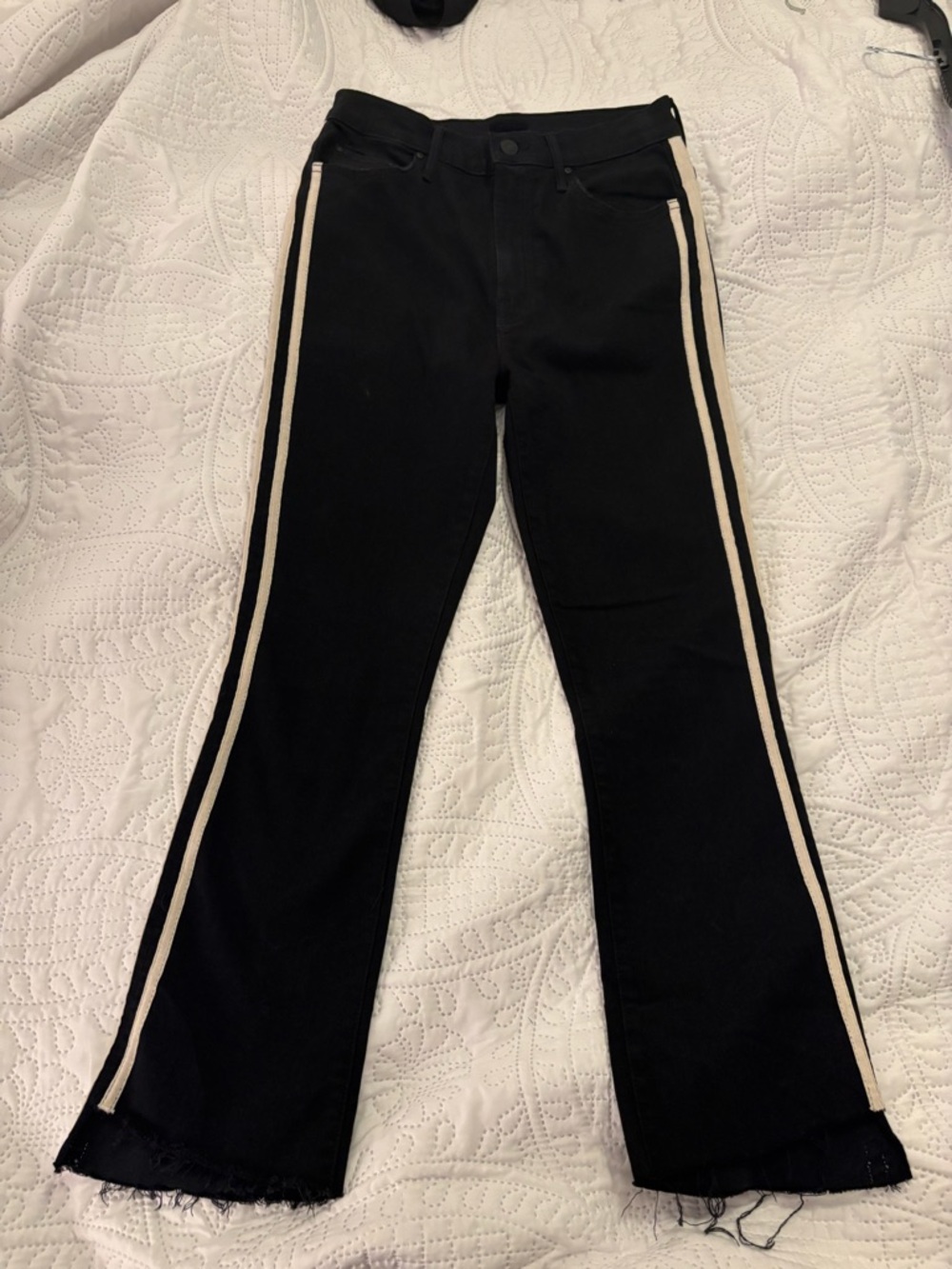 MOTHER Insider Crop Step Fray Jeans 27 Guilty Racer Black Side Stripe Raw Hem - Picture 2 of 13